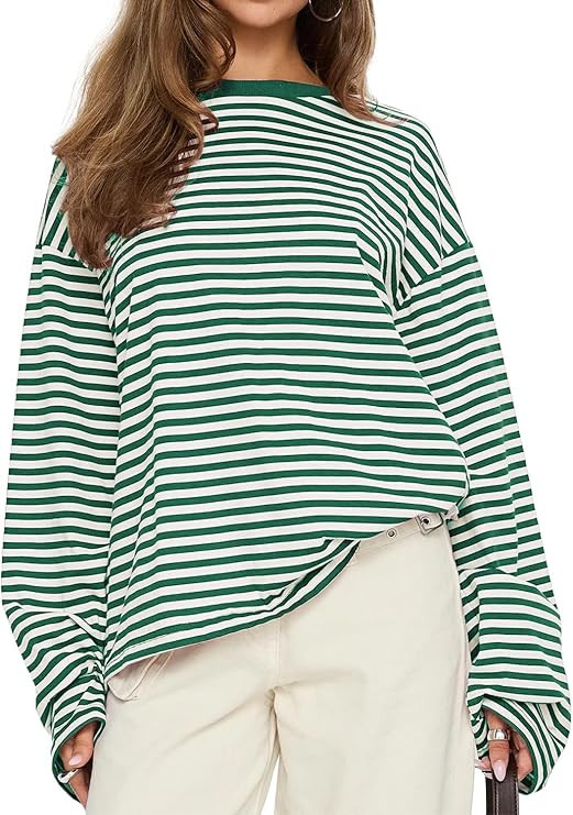 CHYRII Women Oversized Striped Long Sleeve T Shirt Fashion 2026 Crewneck Casual Fall Spring Tops ... | Amazon (US)
