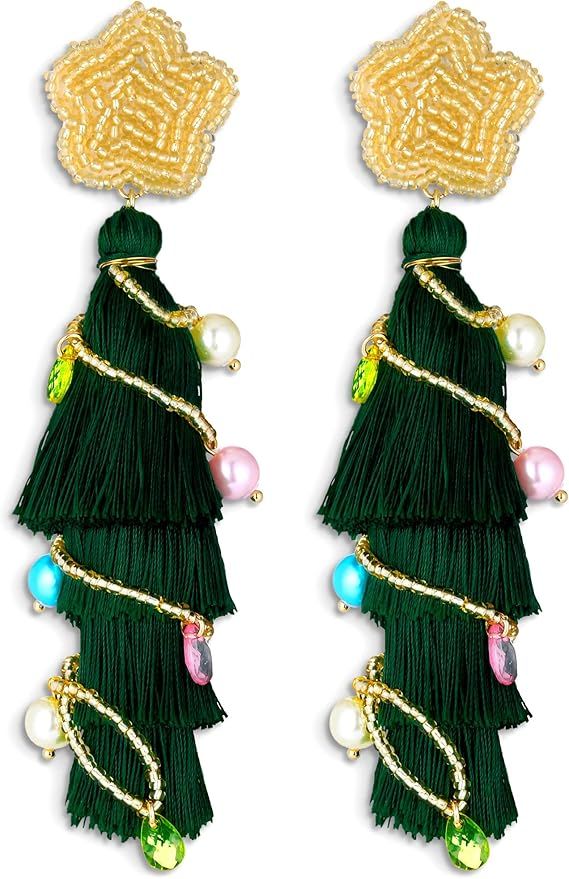 2 Pairs Christmas Santa Dangle Earrings Beaded Santa Statement Drop Earrings Christmas Tree Tasse... | Amazon (US)