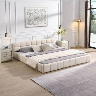 Beige Wood Frame King Size Chenille Upholstered Platform Bed Grounded Bed with Tufted Headboard | The Home Depot