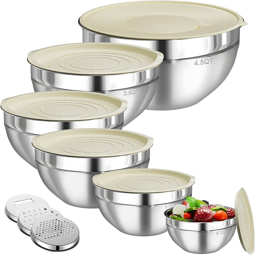 Mixing Bowls with Lids Set, 6 PCS Stainless Steel Mixing Bowls with 3 Grater Attachments, Kitchen... | Amazon (US)