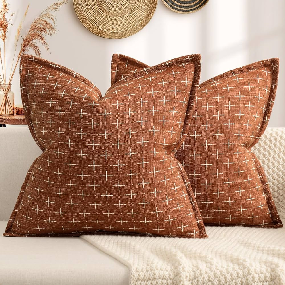ZWJD Fall Pillow Covers 18x18 Set of 2 Soft Polyester Textured Rust Pillow Covers with Stylish Fl... | Amazon (US)