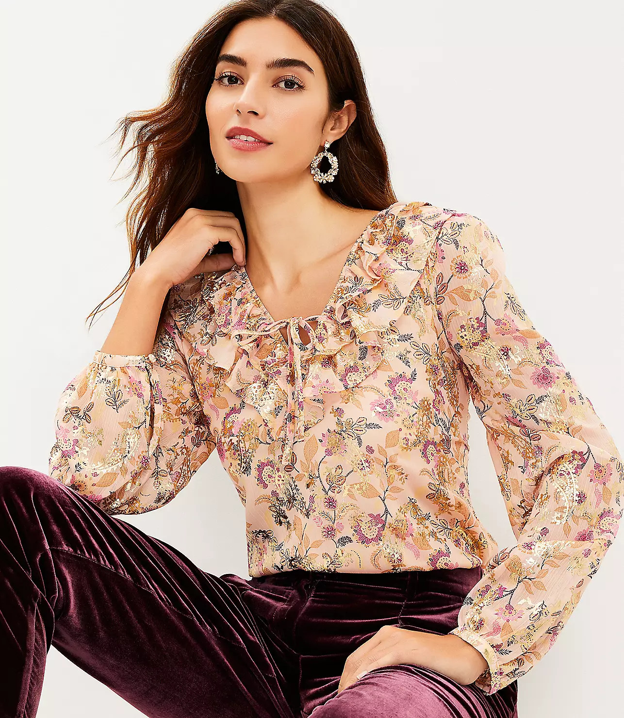 Shimmer Floral Ruffle Tie Neck Blouse | LOFT