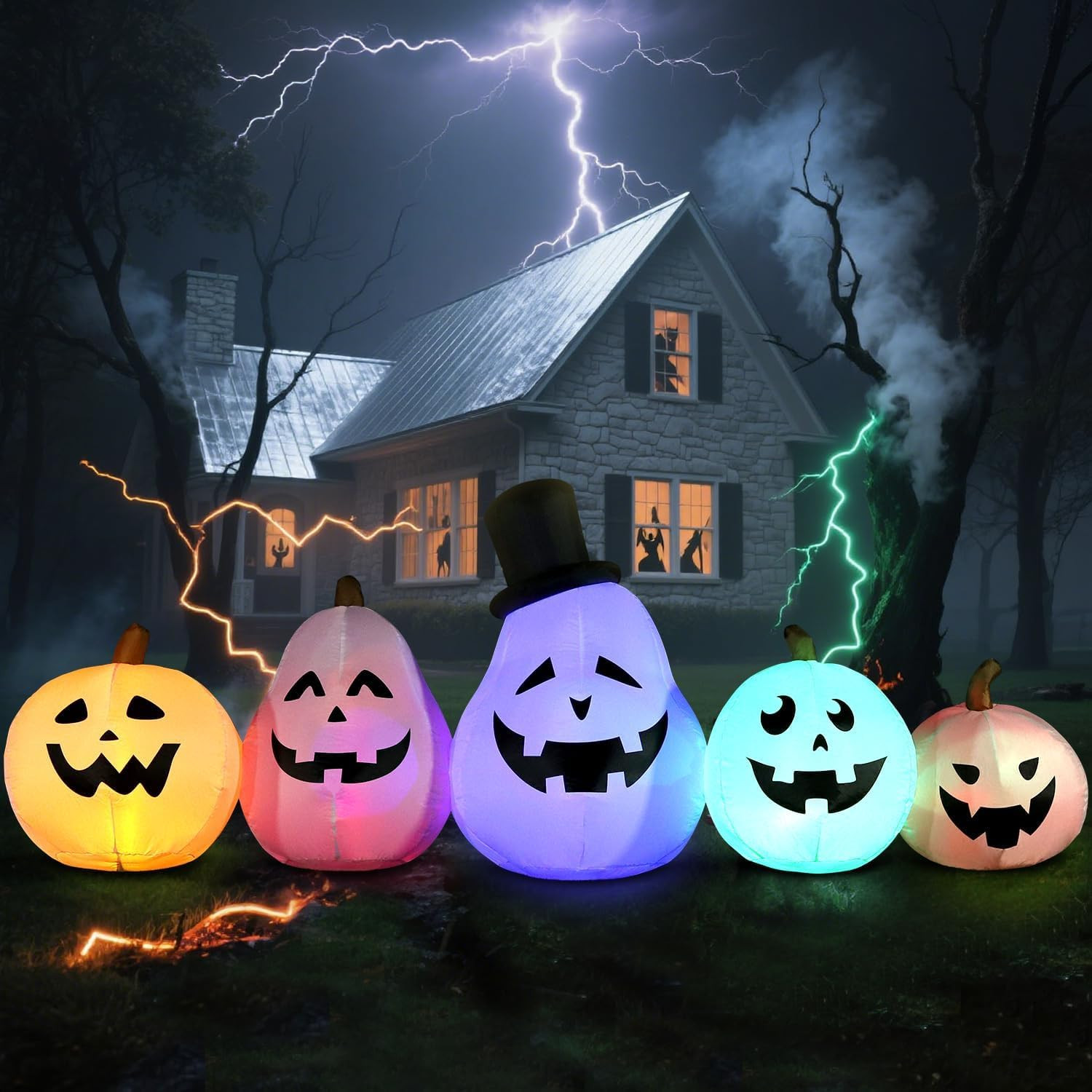 8 FT Long Halloween Inflatable White Pumpkin Built in Colorful LED Lights, Holiday Blow up Yard Decoration for Halloween Party Outdoor, Garden Yard Lawn Decor | Amazon (US)