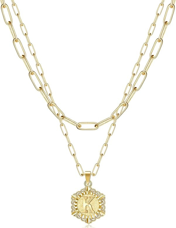 KissYan Layered Initial Necklaces for Women, 14K Gold Plated Hexagon Letter Pendant Silver Chain Dai | Amazon (US)