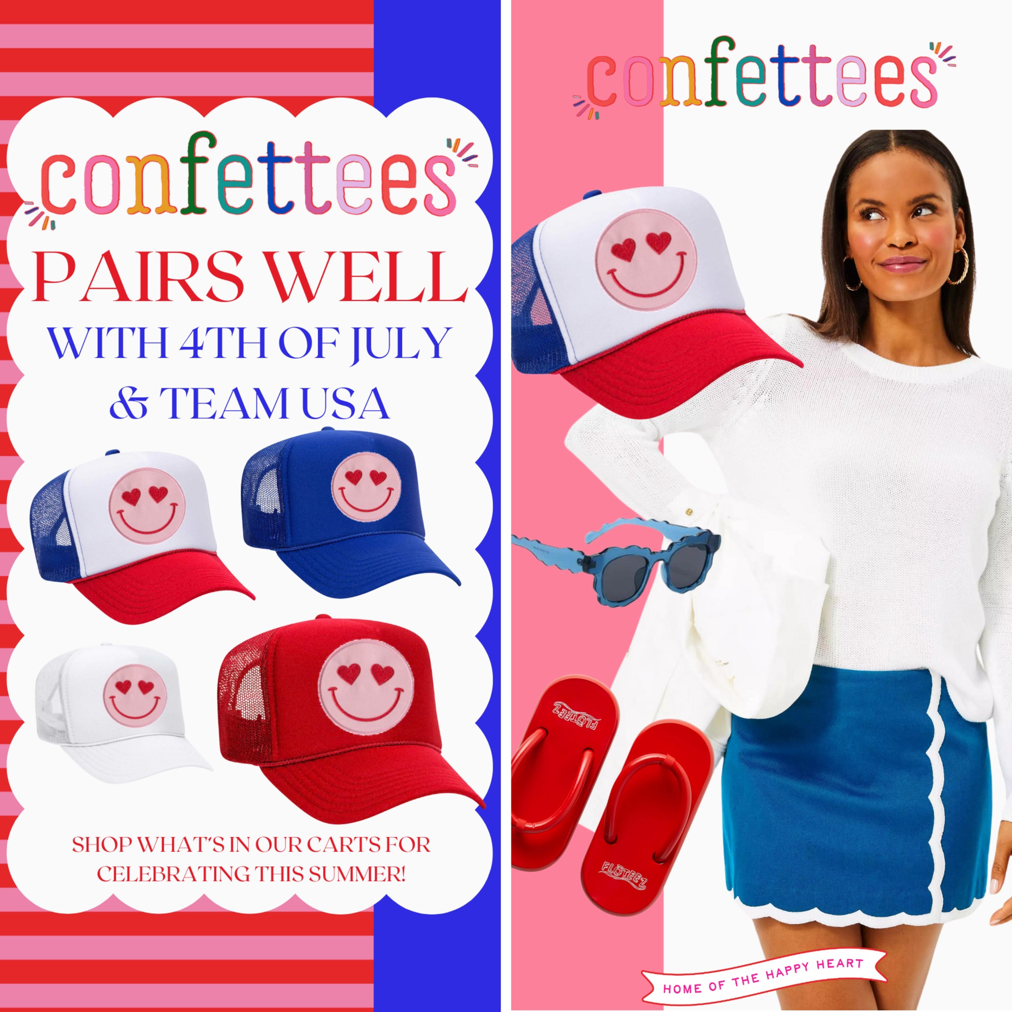 Confettees pairs well with SUMMER FUN! 4th of July & TEAM USA! 🇺🇸❤️🤍💙🎉 Shop some of our favorites to pair with your Happy Heart Hats! #confettees #fourthofjuly #redwhiteandblue #teamusa 

#LTKSeasonal #LTKSummerSales #LTKParties