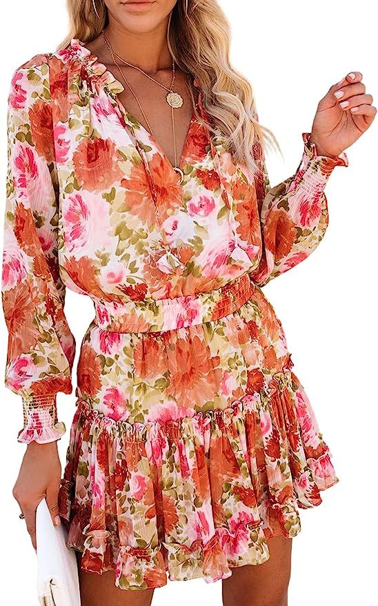 Asvivid Womens Casual Long Sleeve Ruffle Layer Tunic Dress Swing Mini Dress S-XL | Amazon (US)