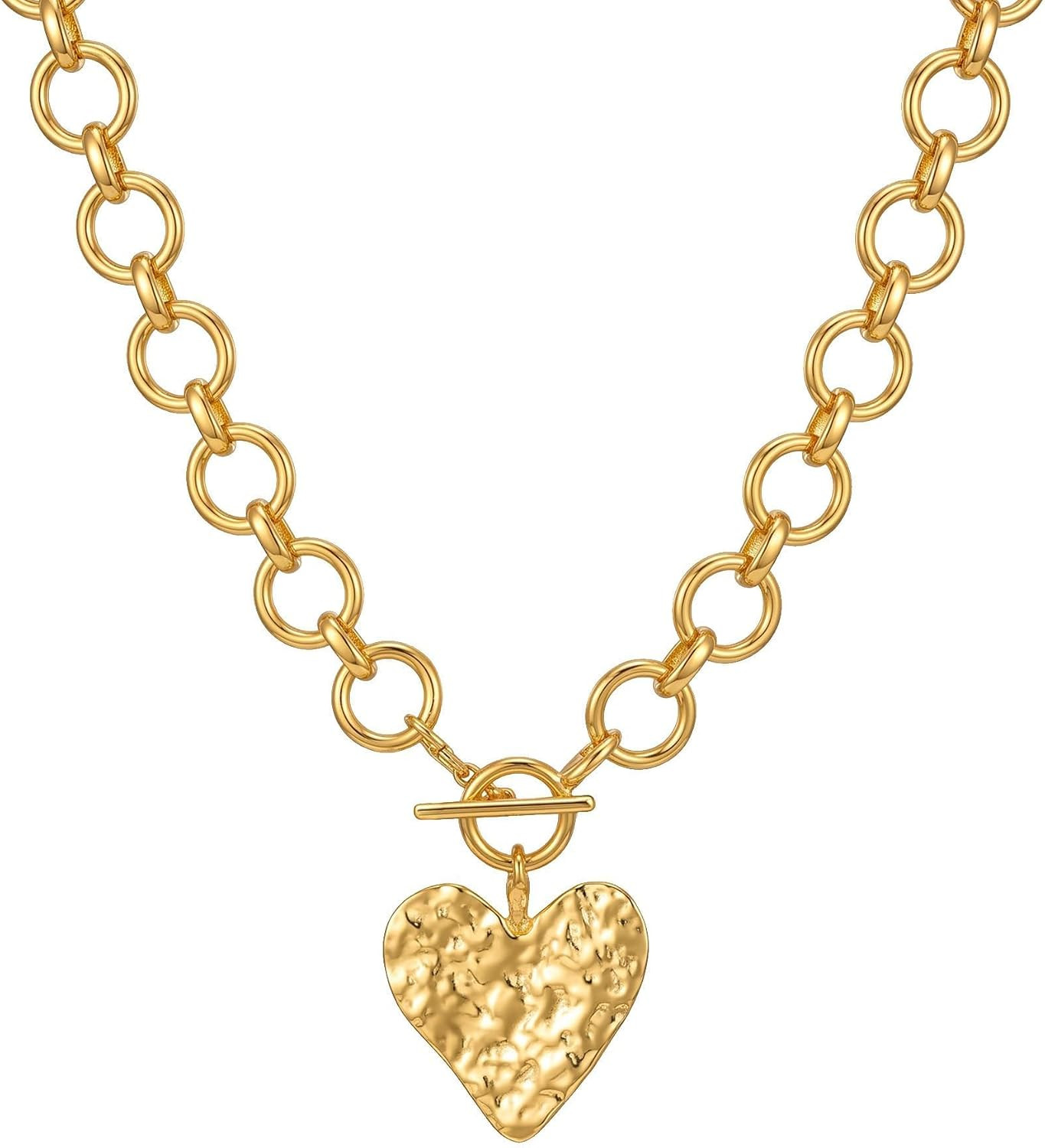 14K Gold Plated Chunky Necklace for Women, Hammered Heart Pendant with Toggle Clasp, Statement Thick Link Chain Vintage Romantic Jewelry Gifts | Amazon (US)