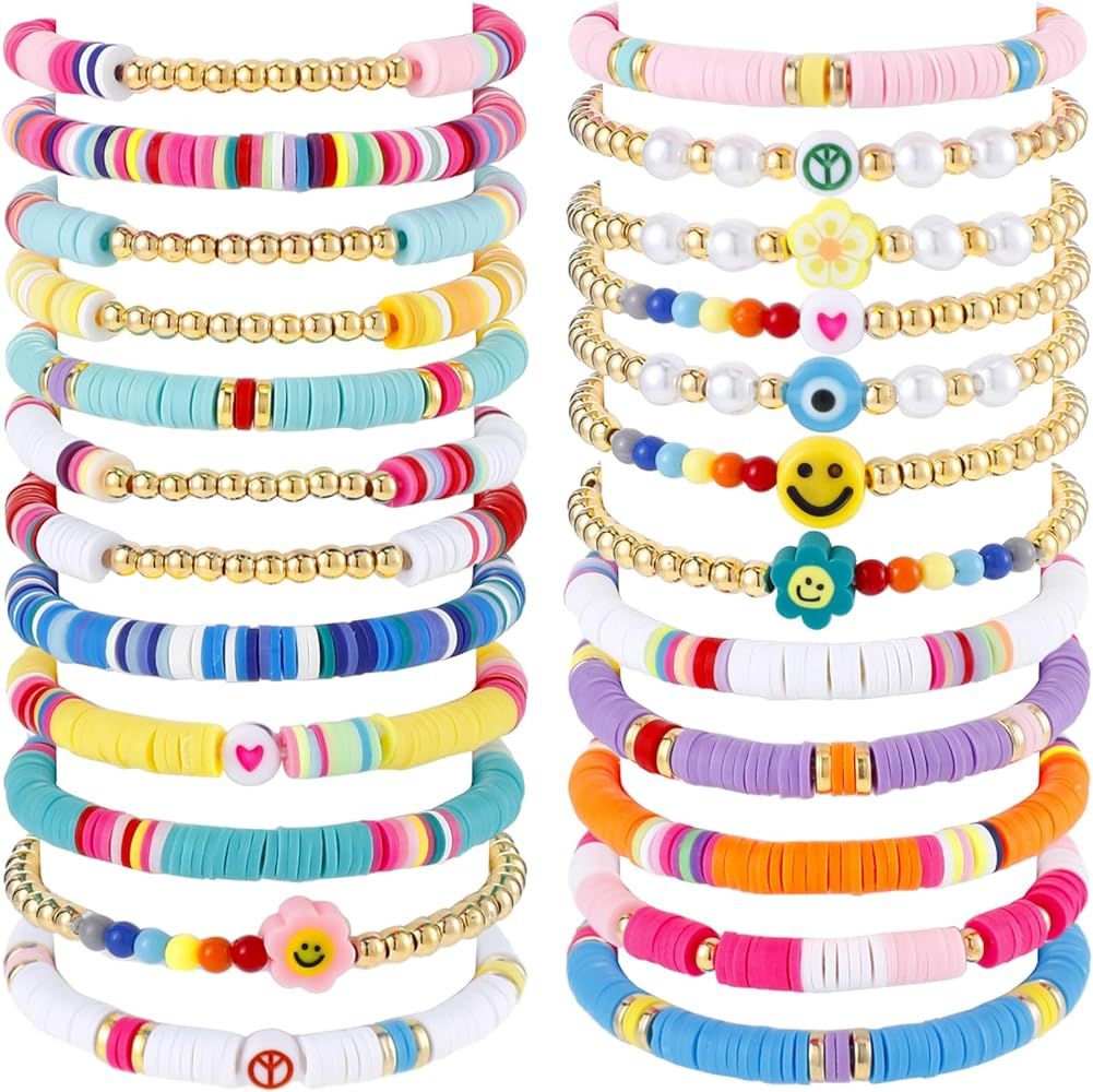 Sureio 24 Pcs Colorful Friendship Bracelets Letter Heart Smile Bracelets Surfer Bracelets Stretch... | Amazon (US)