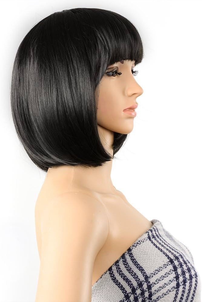 AGPTEK 13 Inches Straight Heat Resistant Short Bob Hair Wigs with Flat Bangs for Women Cosplay Da... | Amazon (US)