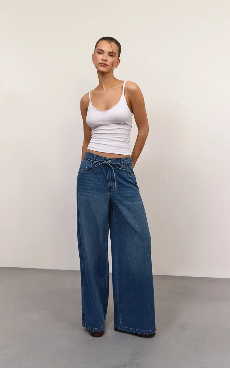 Mid Blue Wash Denim Paper Bag Jeans | PrettyLittleThing UK