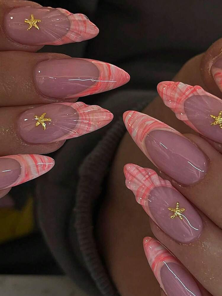 £4.06£5.28-23%10 Pieces Of Hand-Painted Summer Seaside Style Orange-Red Striped Diffusion Frenc... | SHEIN