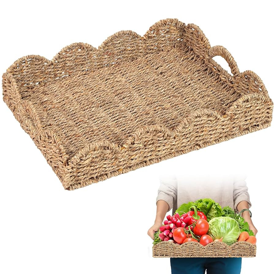 Scalloped Basket, Scalloped Tray, Seagrass Tray(17" x 13" x 3") with Scalloped Edge and Built-in ... | Amazon (US)