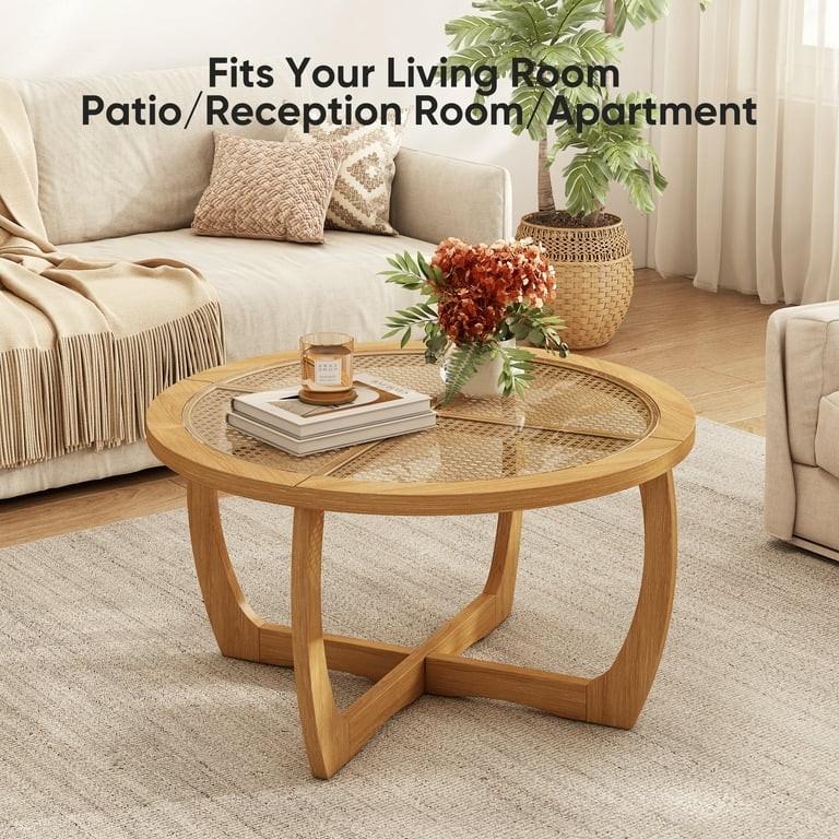 Round Wood Coffee Table with Glass Rattan Top, Wooden Circle Center Table with Curved Legs & Remo... | Walmart (US)