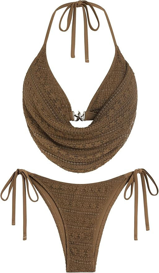 ZAFUL Womens Bikini Sets Mesh Drape Halter Top Deep V Starfish Metal Swimsuit Tie Side Two Piece ... | Amazon (US)