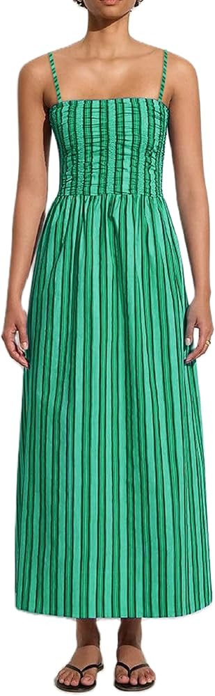 Luckinbaby Women Smocked Cami Maxi Dress Striped Spaghetti Strap Y2k Flowy Sundress Sleeveless Sh... | Amazon (US)