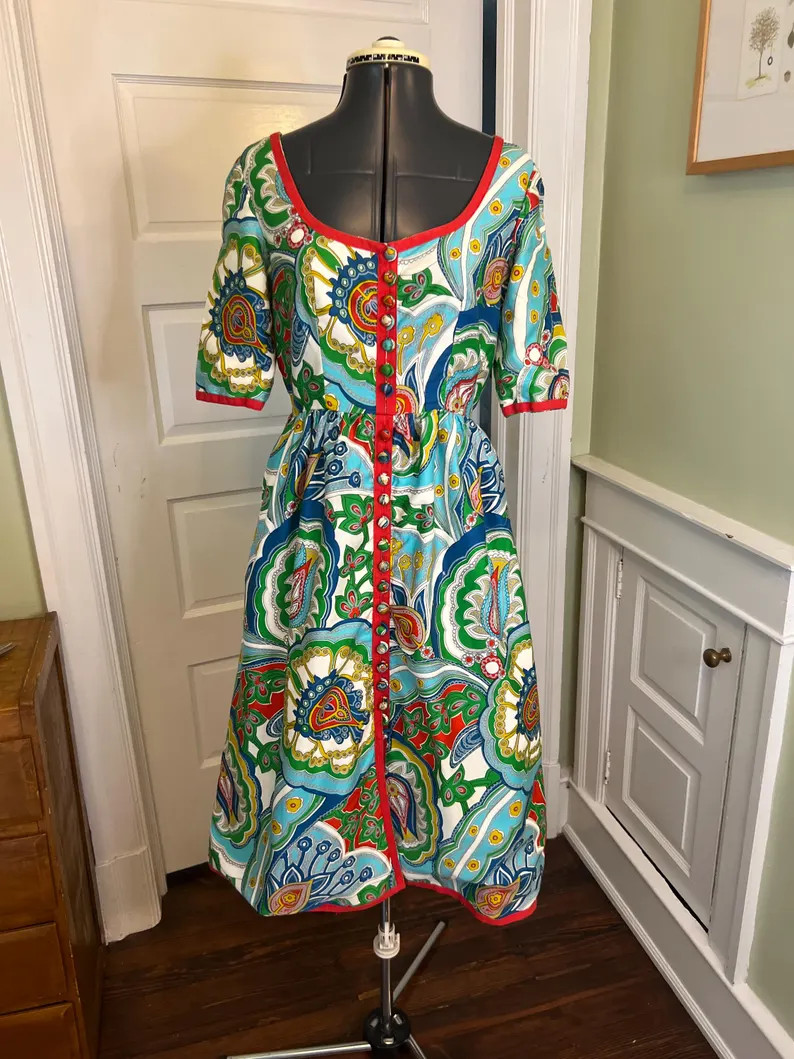 Colorful Cotton Floral Scoop Neck Short Sleeve Empire Waist Dress by Oscar de La Renta Boutique |... | Etsy (Global)