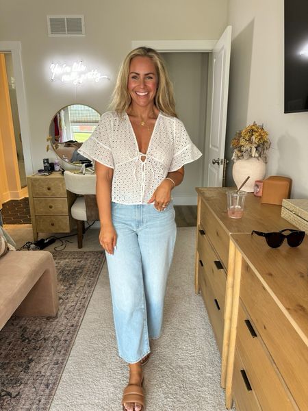 White eyelet top (Medium) and wide leg denim jeans (size 28) from Madewell! I paired them with slide sandals from Amazon and Nippies! 

#LTKxMadewell #LTKstyletip #LTKSeasonal