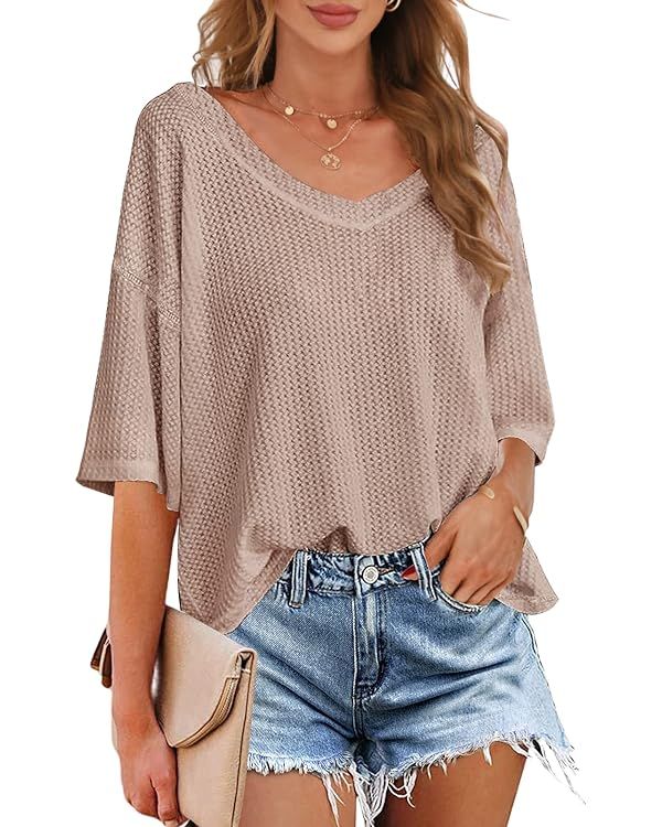 MEROKEETY Women's V Neck Batwing Half Sleeve Shirts Waffle Knit Loose Blouse Solid Color Tops | Amazon (US)