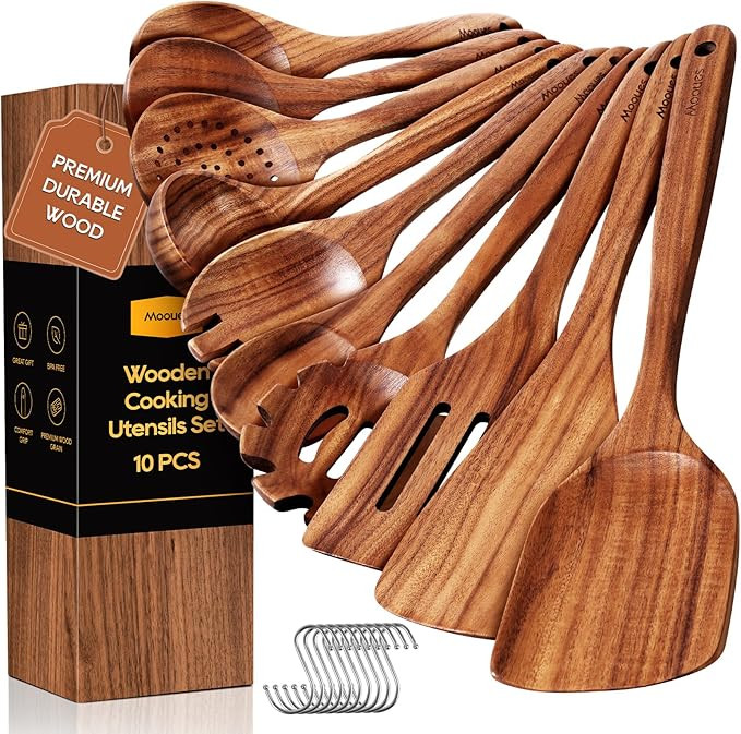 Wooden Spoons for Cooking, 10PCS Teak Wood Cookware Utensil Set with Hooks - Smooth Finish, Non-S... | Amazon (US)