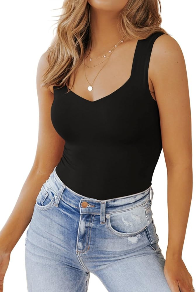 PINKMSTYLE Women's Basic Double Lined V Neck Tank Tops Sleeveless Shirts Slimming Summer Tops | Amazon (US)