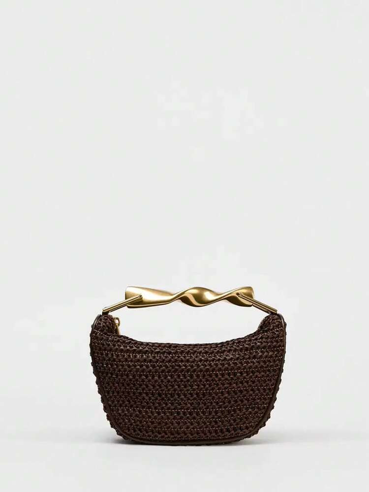 1pc Retro Coffee Color Beach Bag With Metal Handle And Chain Strap, Mini Woven Crossbody Bag For ... | SHEIN