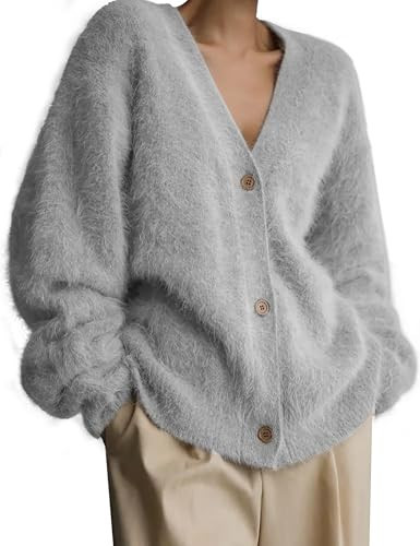 Bnigung Fuzzy Cardigan Sweaters for Women V Neck Button Down Fluffy Knit Sweater Long Sleeve Cardigan Sweater Coat 2025(Grey-S) | Amazon (US)