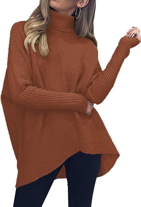 Caracilia Womens Turtleneck Long Sleeve Sweater Irregular Hem Casual Pullover Knit Tops | Amazon (US)