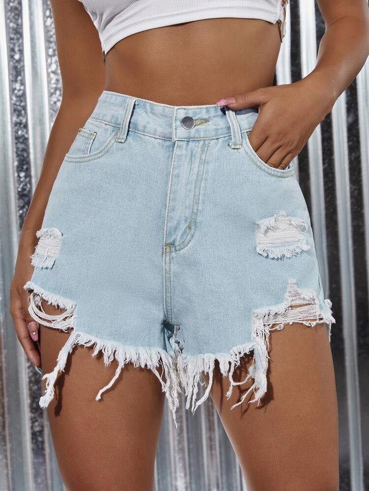 High Waist Ripped Raw Hem Denim Shorts | SHEIN