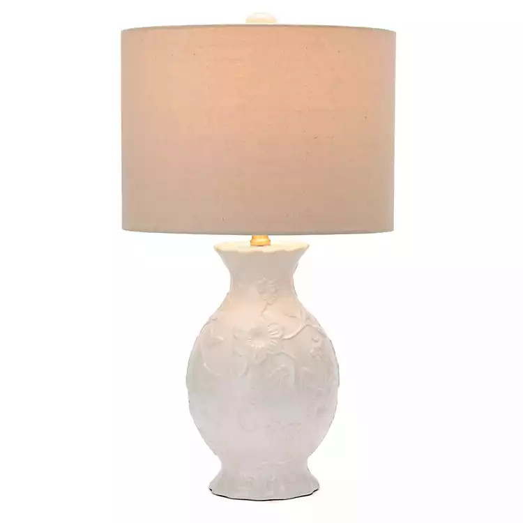 White Embossed Floral Ceramic Table Lamp | Kirklands