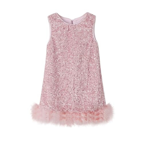 Tutu.kk Toddler Girls Sequin Dress A-Line Sleeveless with Feather Sparkly Gown Wedding Pageant Dresses Pink 5-6 Years | Amazon (US)