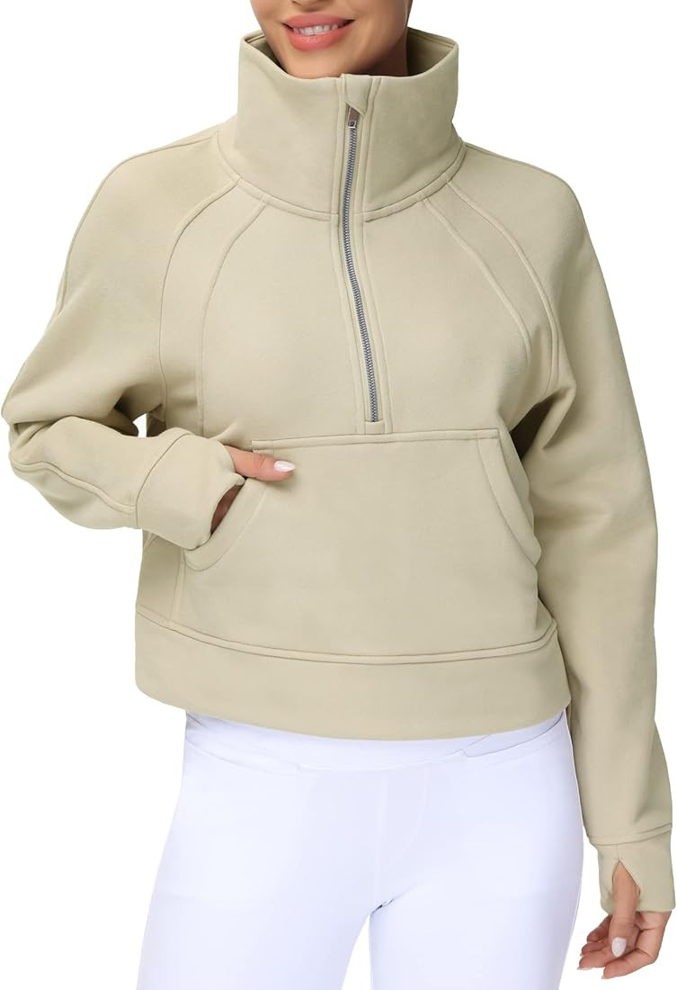 Women's Half Zip Pullover Sweatshirt Fleece Stand Collar Crop Sweatshirt with Pockets Thumb Hole | Amazon (US)