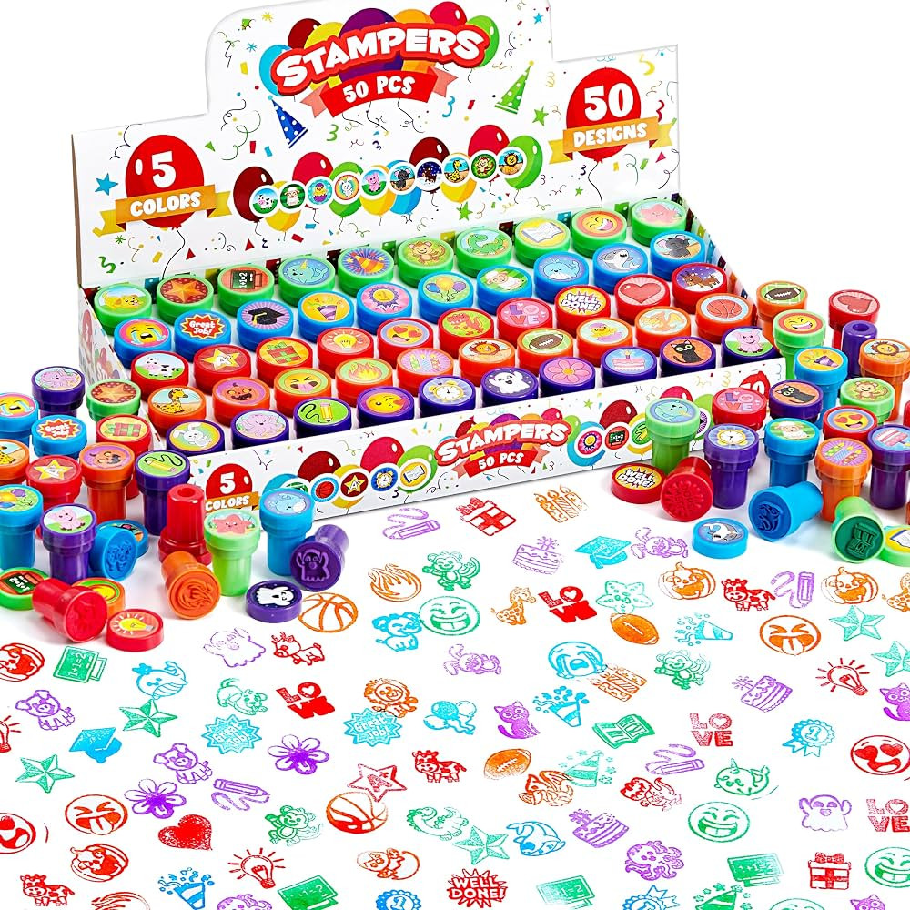 JOYIN 50 Pcs Assorted Stamps for Kids - Self-ink Stamps with 50 Designs for Birthday Party Favor,... | Amazon (US)