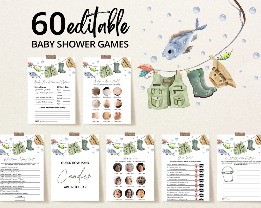 Editable A Little Fisherman Baby Shower Game Bundle, Boy Fishing Baby Shower Game Pack, Green Fis... | Etsy (US)