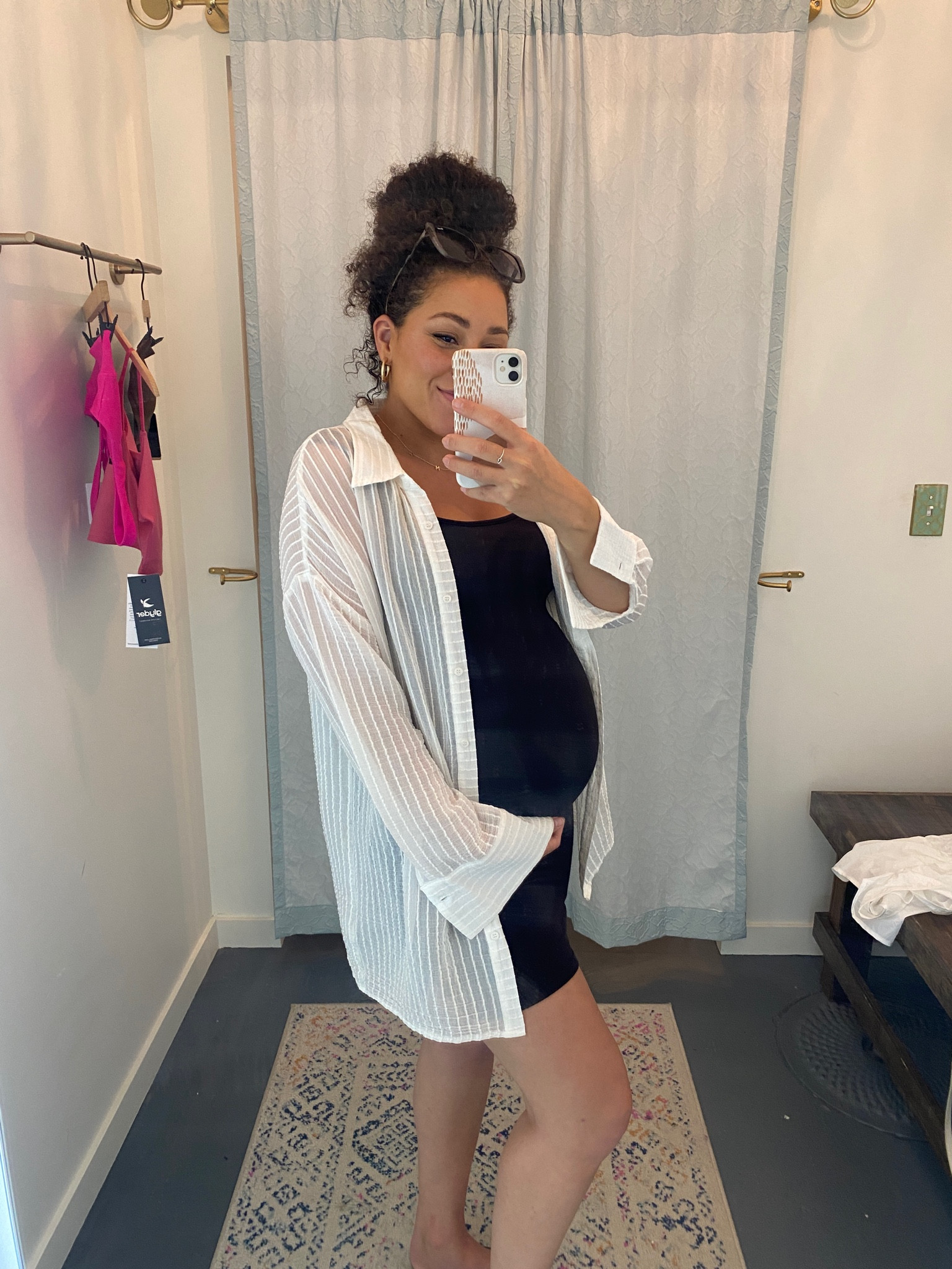 Easy, comfy and cute weekend outfit between seasons! Black bodycon dress and white button up. Worn both pregnant and not so no need to size up for the bump! 

#LTKbump #LTKfindsunder50 #LTKfindsunder100