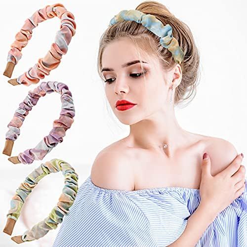 4 Pieces Ruched Head Band Girls Tie Dye Headbands Satin Tie Dye Hair Band Colored Pleated Headban... | Amazon (US)