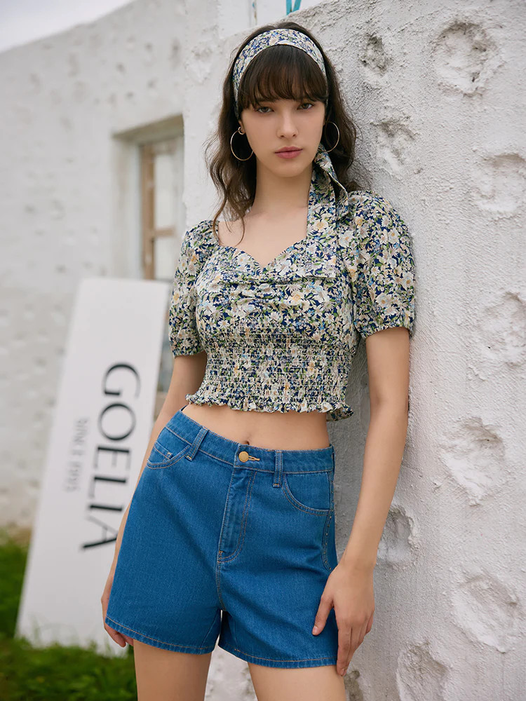 Floral Print Square Neck Puff Sleeves Women Blouse - Serene Blue Garden Print / XS | GOELIA