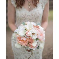Wedding Bouquet, Peach Peony Boho Rustic Rose Brides Silk Flower Bouquet | Etsy (US)