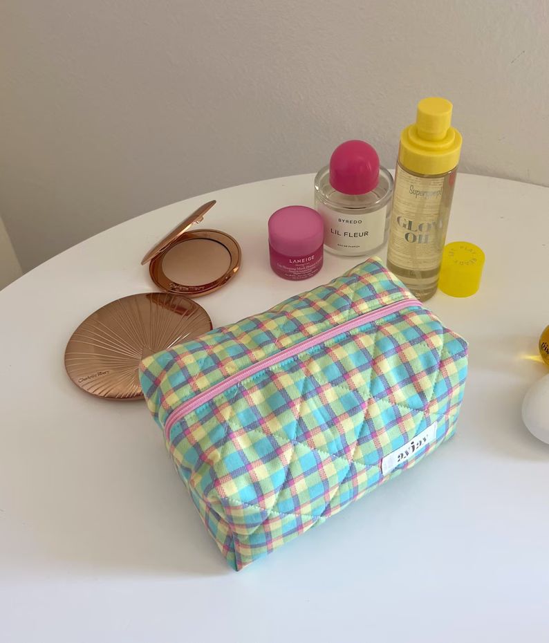 Makeup Bag - Quilted Cosmetics Bag - Teal Gingham - Toiletry Travel Bag | Etsy (US)