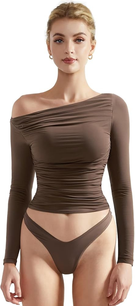 SUUKSESS Women Off Shoulder Long Sleeve Shirts Double Lined Fitted Crop Tops | Amazon (US)