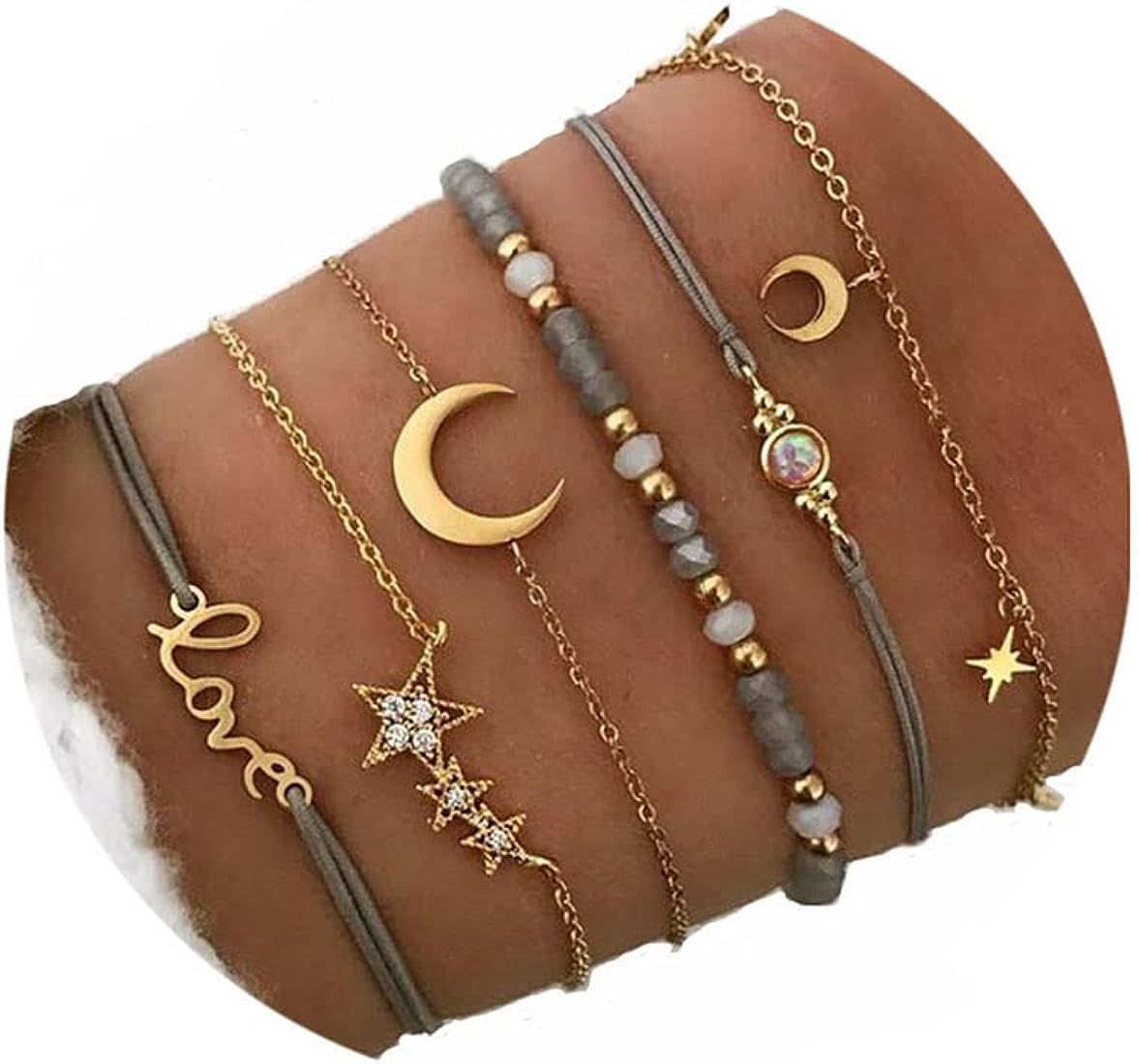 Aluinn Boho Rope Bracelet for Women Fashion Gold Moon Hand Catenary Star Lovr Hand Chain Pearl Br... | Amazon (US)
