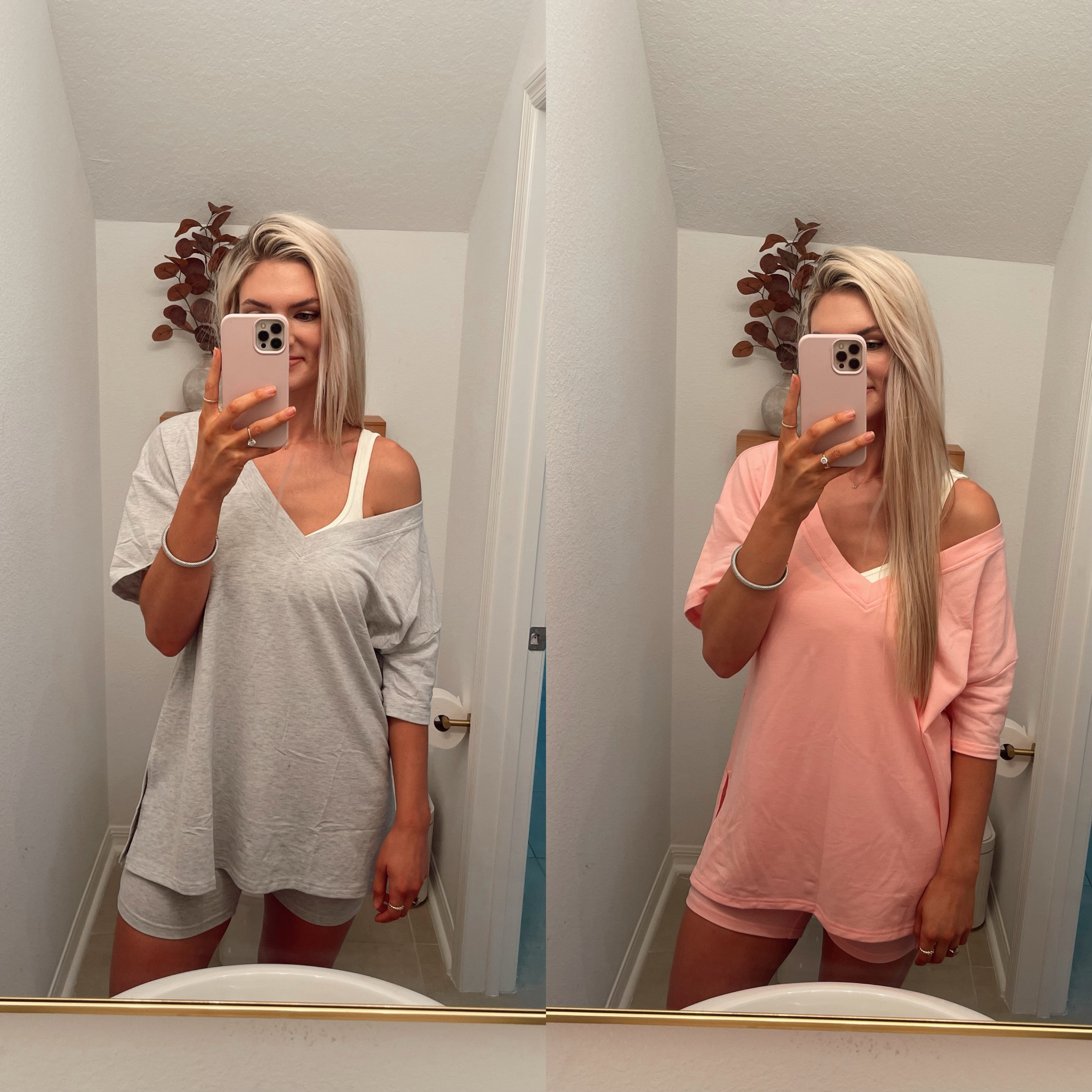 Oversized sets from  Amazon. Wearing size medium. They can be worn on or off the shoulder and with the v in the front or back! 

Colors- light grey & orange pink 

Free people look for less, comfy outfit, easy outfit, 