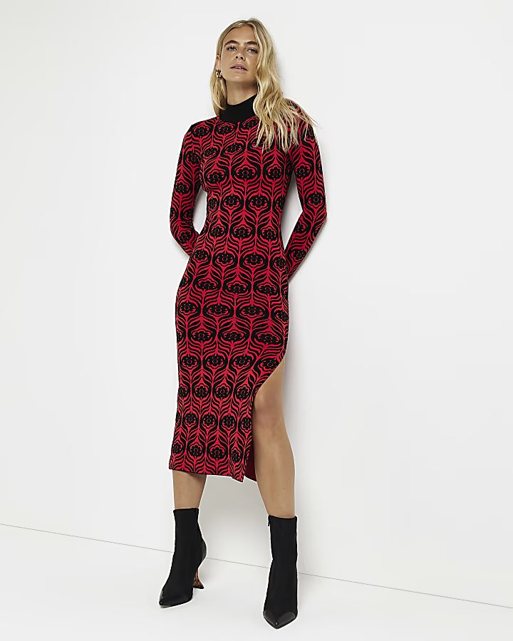 Red floral knit bodycon midi dress | River Island (UK & IE)
