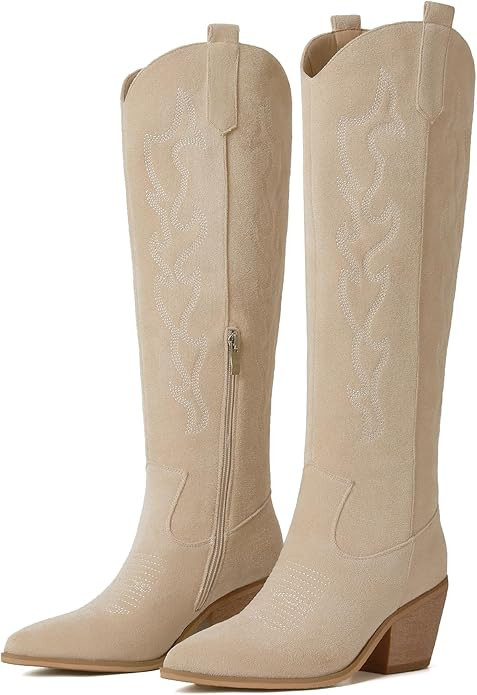 Cowboy Boots for Women Embroidery Western Cowgirl Knee High Chunky Heel Boots with Pull-Up Tabs | Amazon (US)