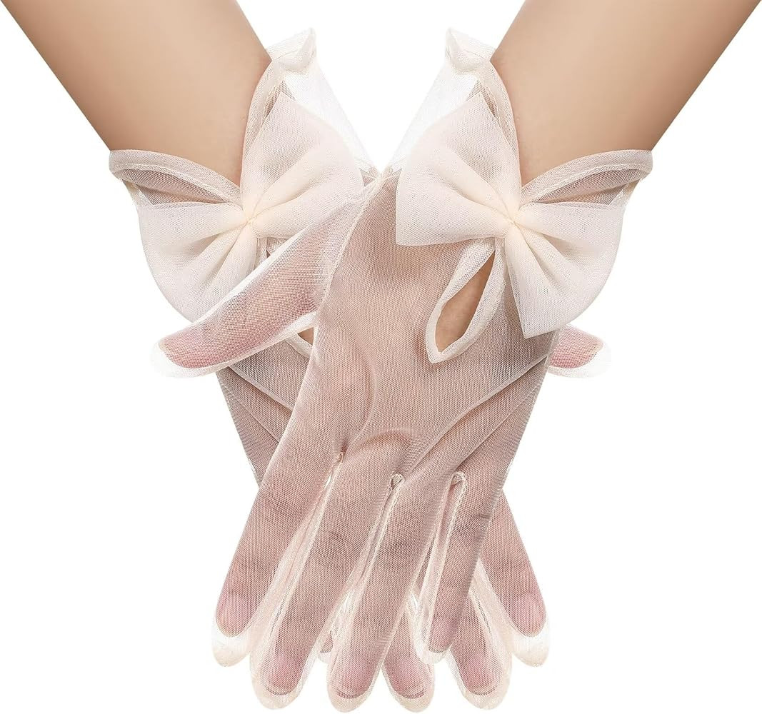 Women's Bow Short Sheer Mesh Tulle Gloves Wrist Length Wedding Evening Opera Tea Party Gloves | Amazon (US)