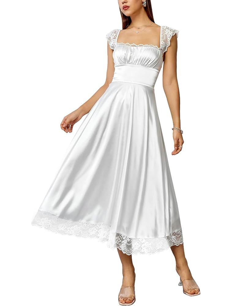 EYNMIN Lace Strap Chiffon Dresses for Women Casaul Flowy A Line Midi Tea Party Dress | Amazon (US)