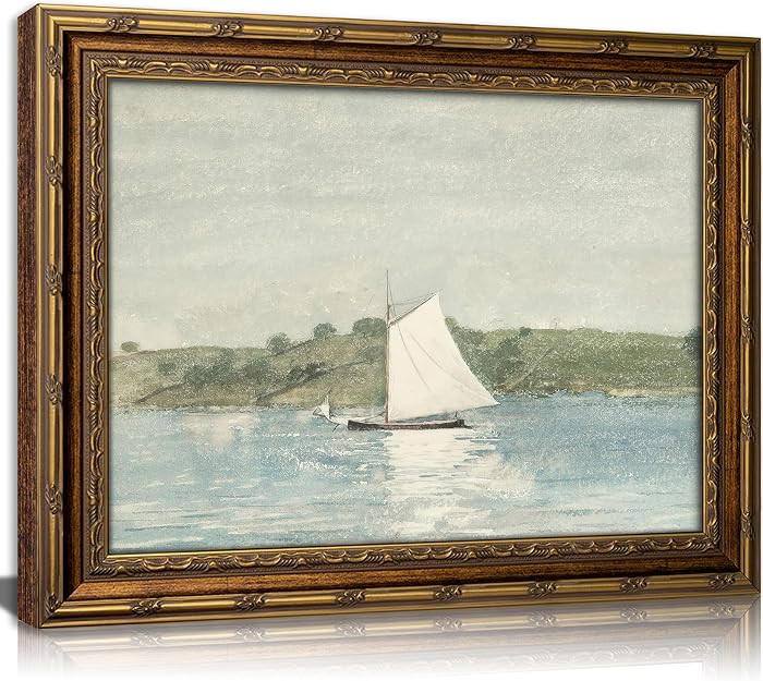 Vintage Gold Framed Sailboat Watercolor Painting, Coastal Landscape Canvas Wall Art, Nautical Hom... | Amazon (US)