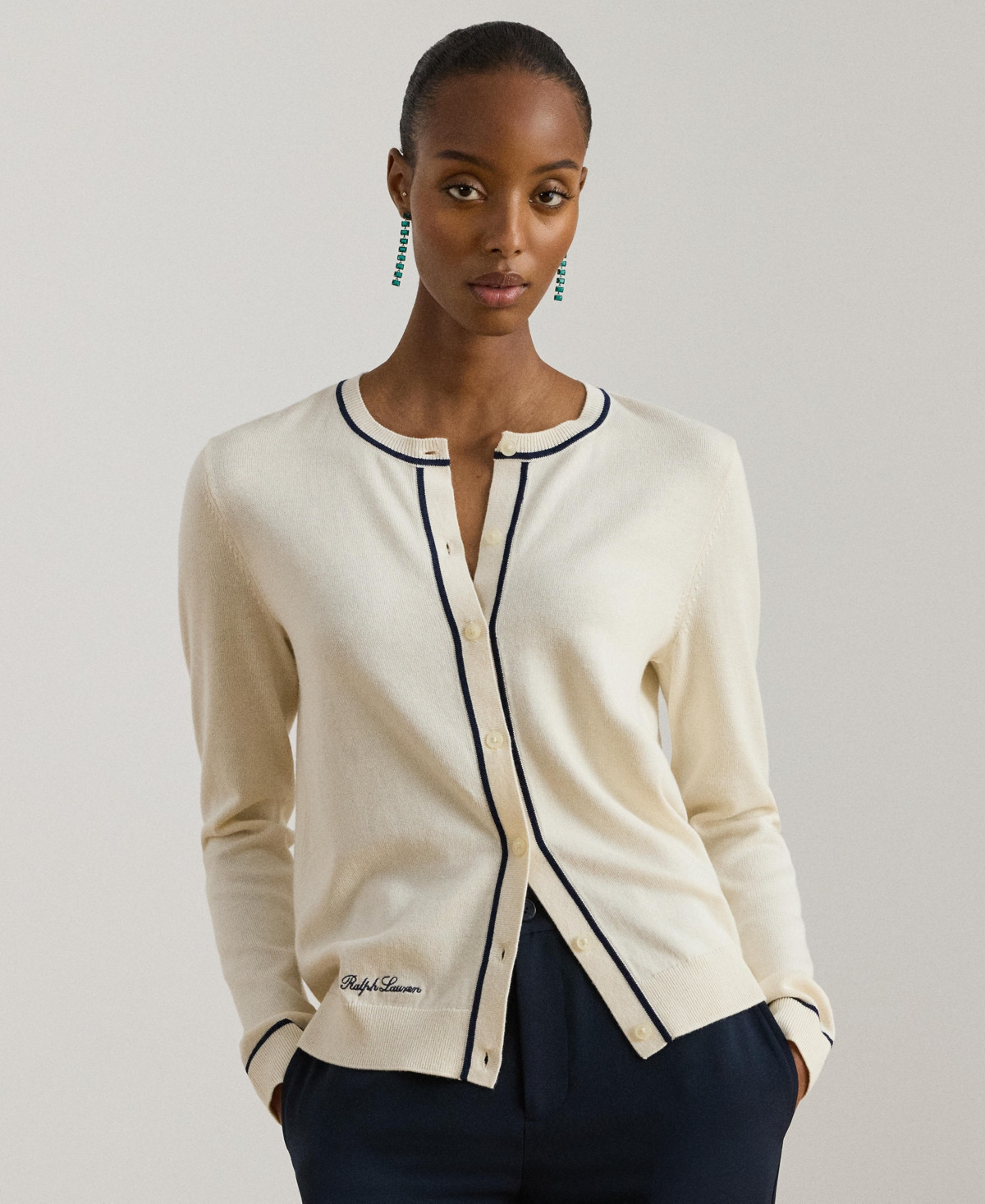 Lauren Ralph Lauren Women's Crewneck Cardigan Sweater - Mascarpone Cream/refined Navy | Macy's