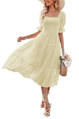 MEROKEETY Women's 2025 Bohemian Summer Flowy Tie Back Puff Short Sleeve Square Neck Beach Midi Dress, Beige, M | Amazon (US)