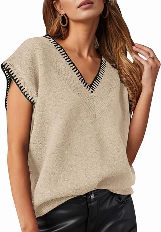 Saodimallsu Womens V Neck Sweater Vest Summer Trendy Cap Sleeve Casual Loose Knit Sleeveless Pull... | Amazon (US)