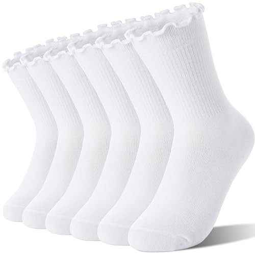 Girls Kids Ruffle Socks Uniform School Dress Frilly Cotton Crew Socks 6 Pairs | Amazon (US)